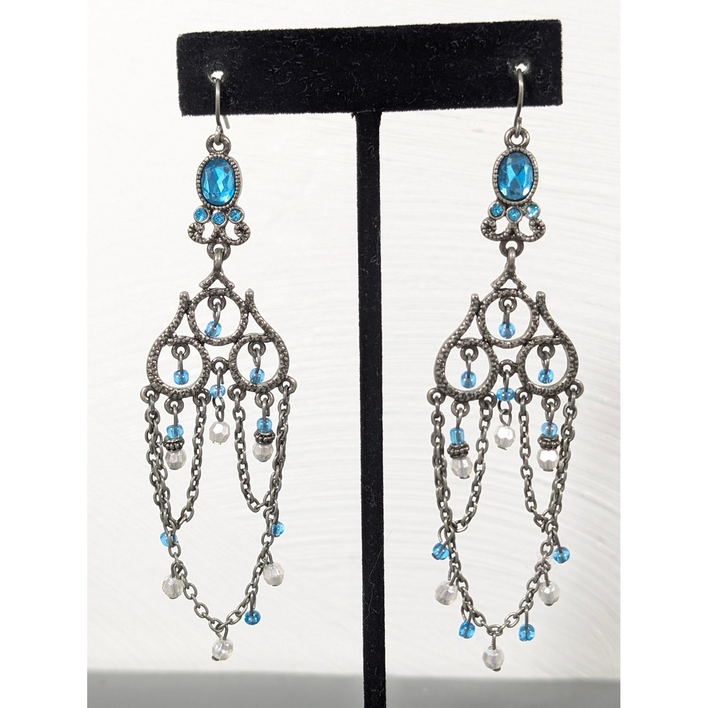 Silver Tone‎ Filigree Chandelier Earrings Blue Bead Drape Boho Festival